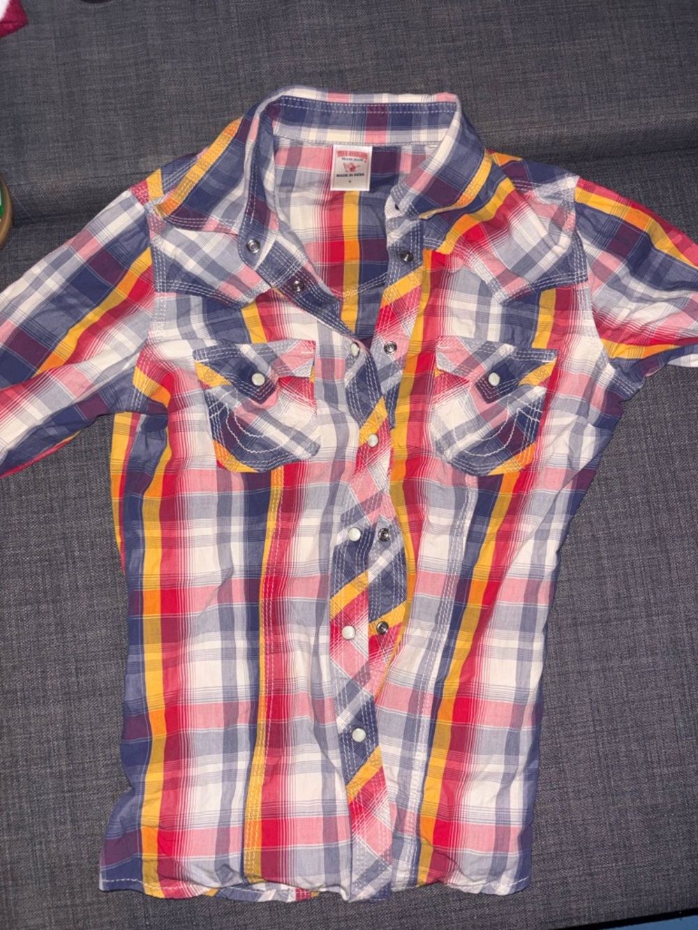 True Religion Plaid Snap-Front Shirt - Multicolor yellow-orange, red, grey